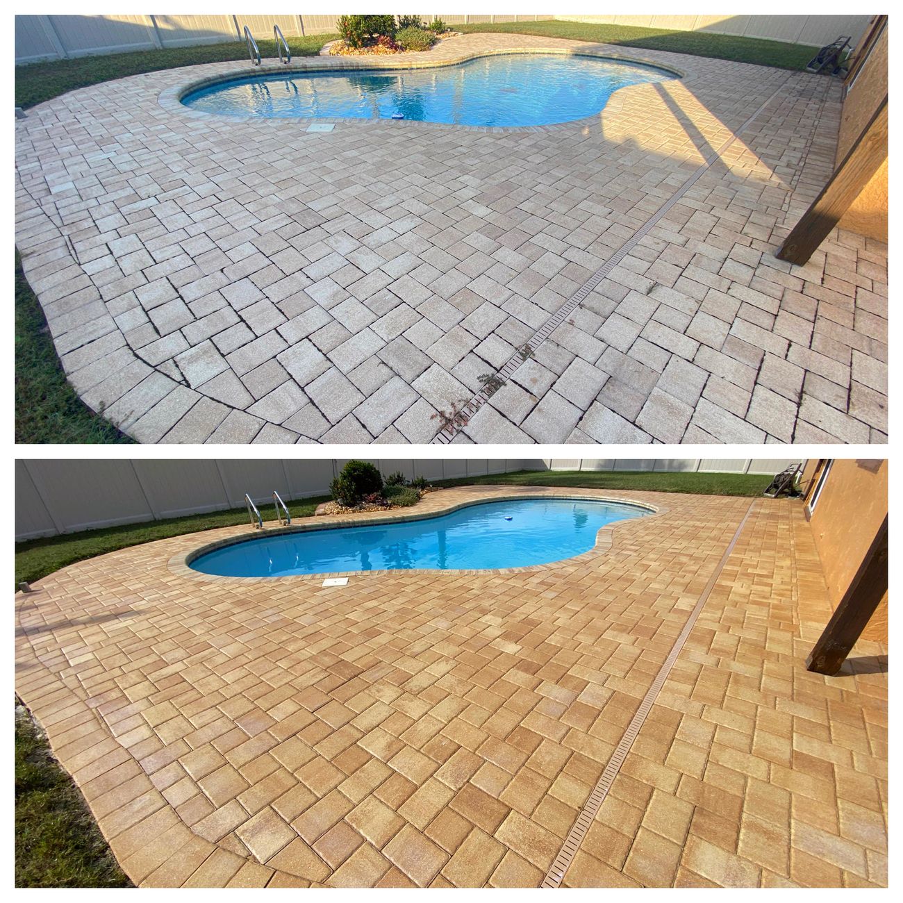 Before and after paver sealing on a pool deck in Tampa Bay, FL